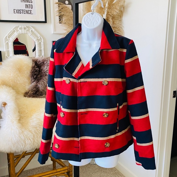 Jack Striped Cropped Rugby Style Double Breasted Pea Coat Rugby Stripes Size S - Picture 9 of 11